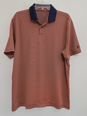 UNDER ARMOUR size Large Striped Short Sleeve Heat Gear Golf Polo Orange Navy
